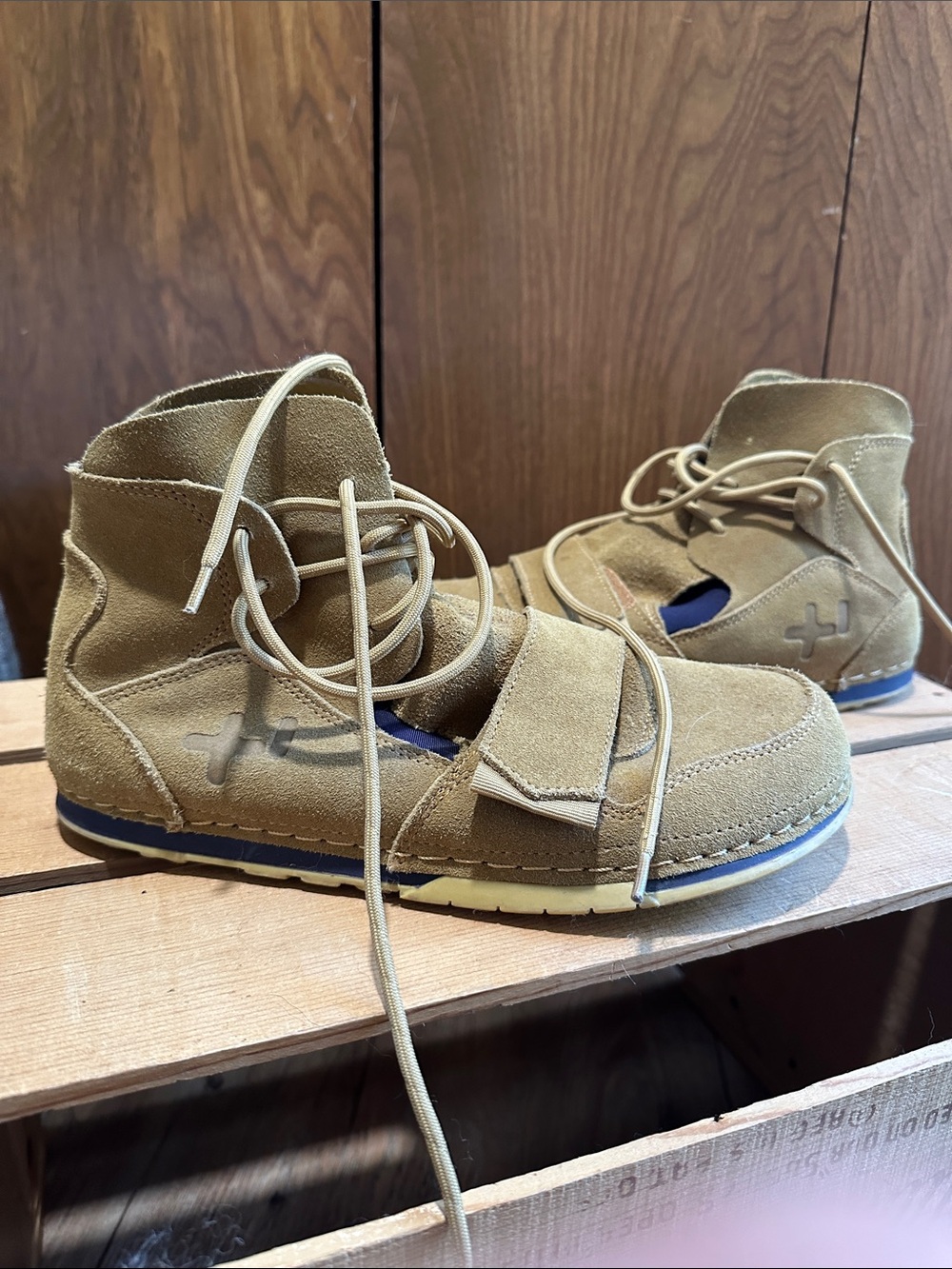 Tan Suede Lace-Up Boots with Strap
